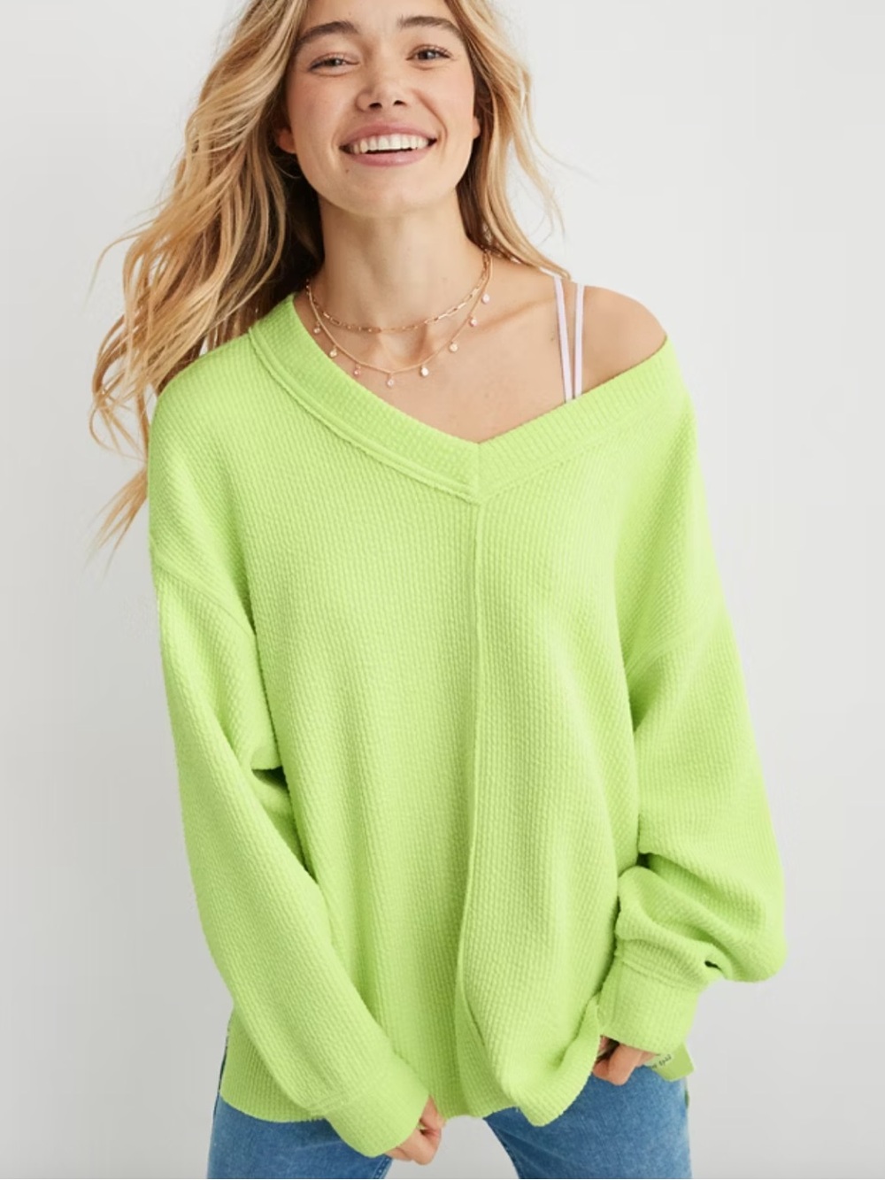 Aerie Wonder Textured V-Neck Sweatshirt Green Glow